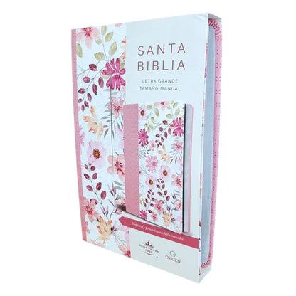 Biblia RVR1960 Imitación piel rosa con flores 10.5 puntos