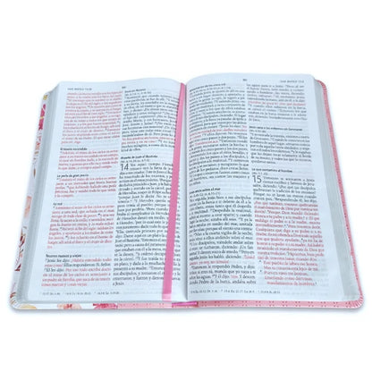 Biblia RVR1960 Imitación piel rosa con flores 10.5 puntos