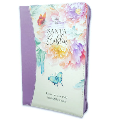 Biblia RVR1960 lila Imitación piel con índice & cierre 14 puntos