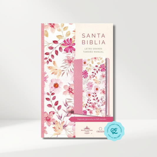 Biblia RVR1960 Imitación piel rosa con flores 10.5 puntos