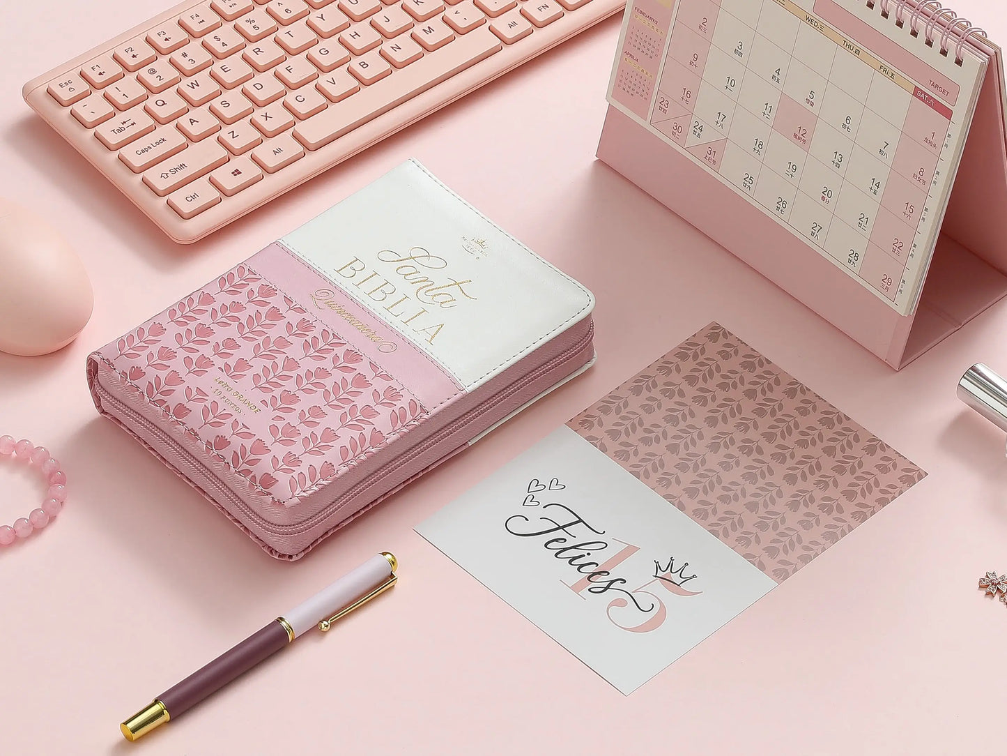 Biblia RV1960 Quinceañera rosa/blanco Imitación piel con Índice & Zíper 10 puntos