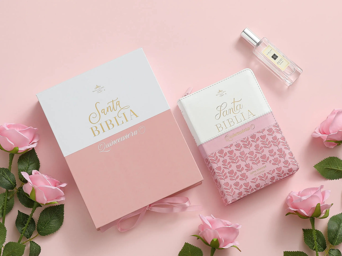 Biblia RV1960 Quinceañera rosa/blanco Imitación piel con Índice & Zíper 10 puntos