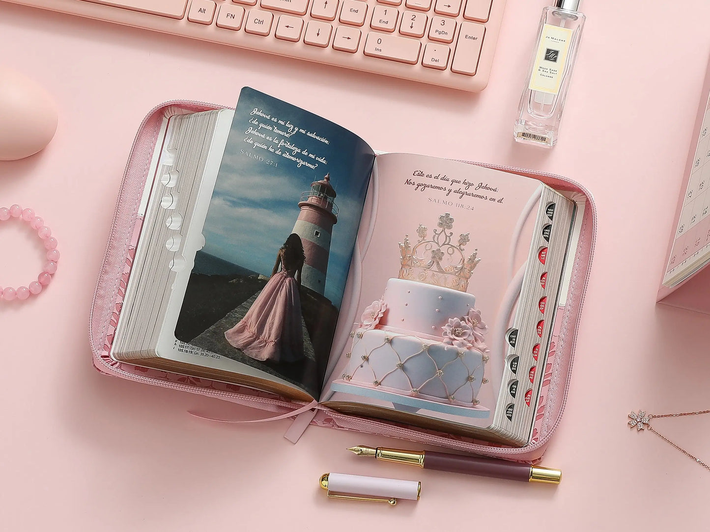 Biblia RV1960 Quinceañera rosa/blanco Imitación piel con Índice & Zíper 10 puntos