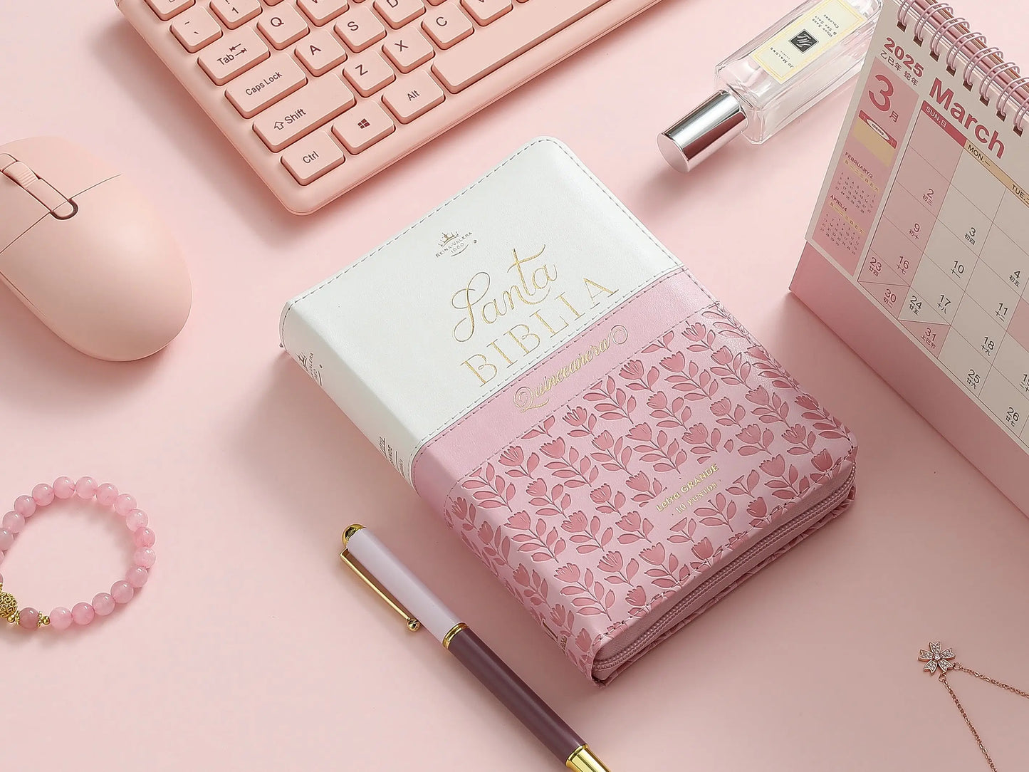 Biblia RV1960 Quinceañera rosa/blanco Imitación piel con Índice & Zíper 10 puntos