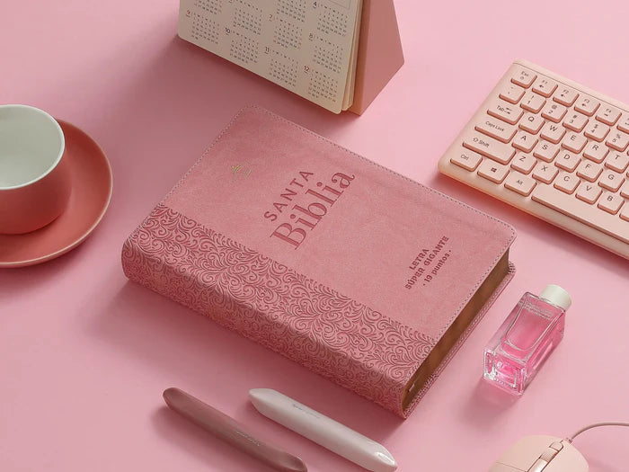 Biblia RVR1960 rosa floral Imitación piel super gigante 19 puntos