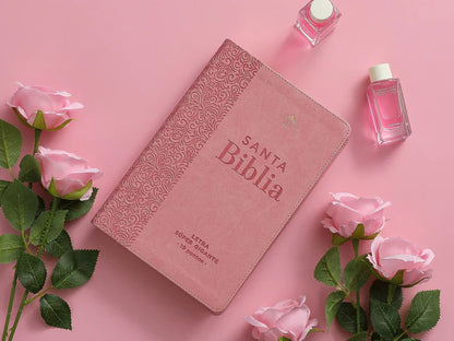 Biblia RVR1960 rosa floral Imitación piel super gigante 19 puntos